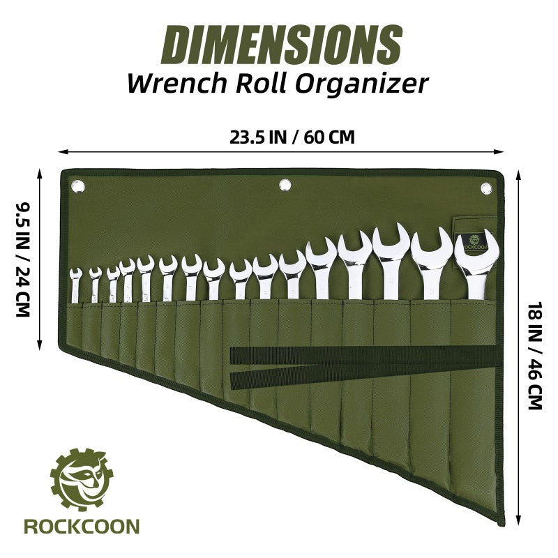 ROCKCOON Wrench Roll Organizer 16 Pockets  Wrench Pouch Roll Up with Water Proof Oxford Cloth  Tool Roll Bag for Wrenches Organization  Green - Image 4